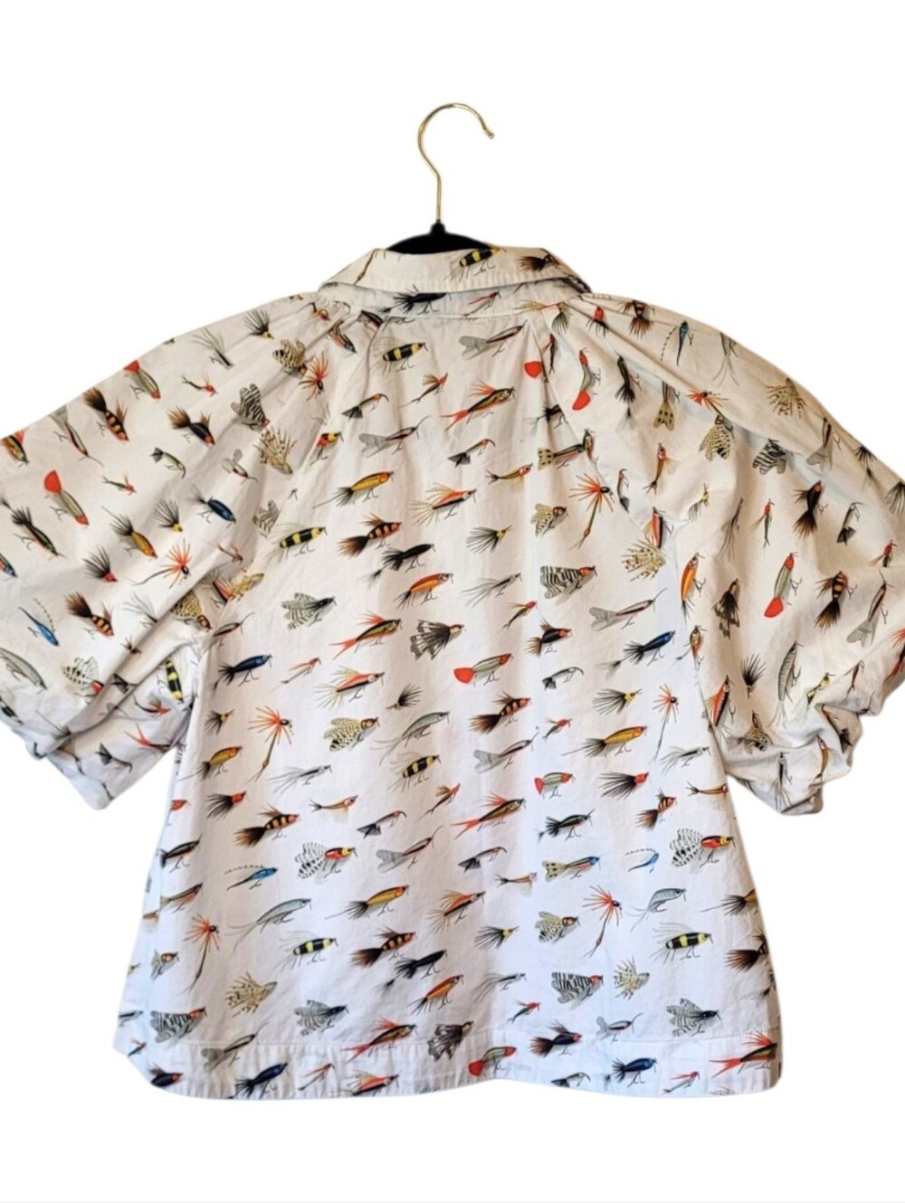 Maeve Cream Short-Sleeve Puff Sleeve Button-Down Shirt with Fishing Fly Print M - Picture 2 of 6